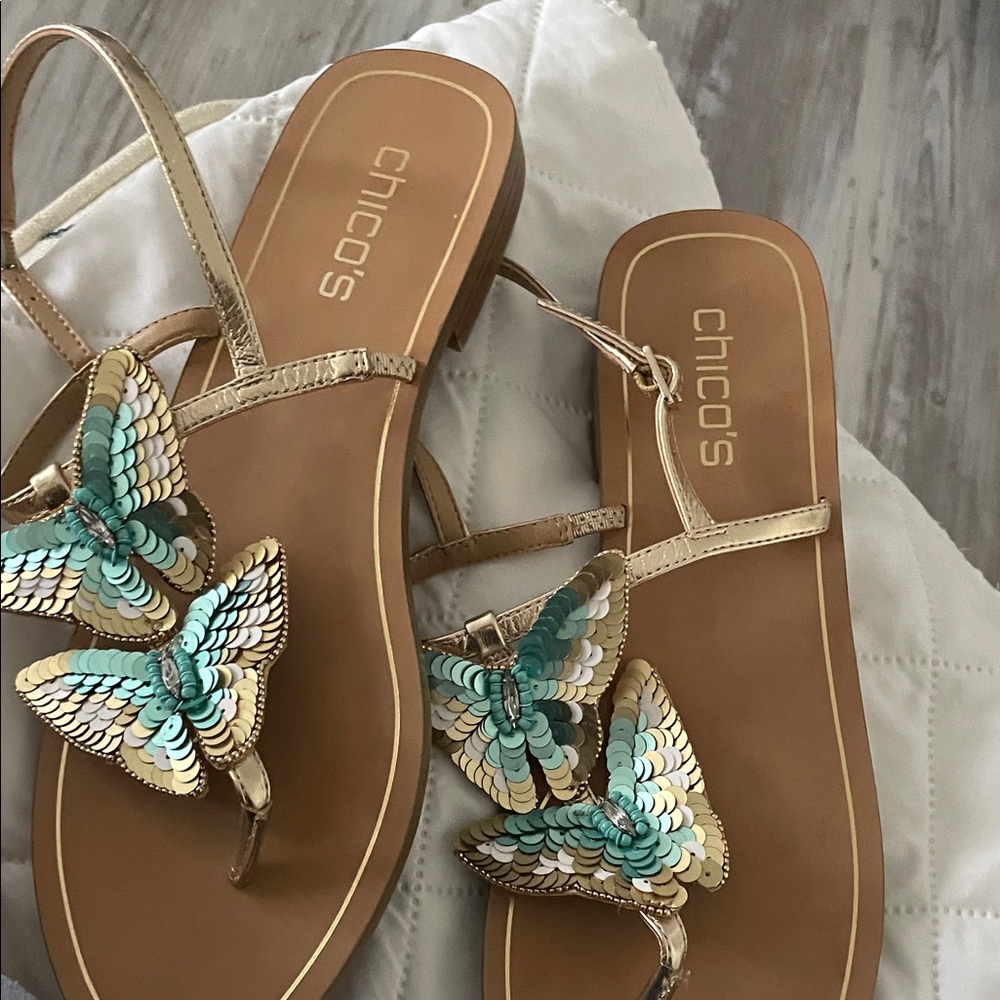 Chico's Gold and Teal Sequin Butterfly Sandals
